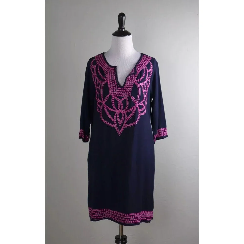 Gretchen Scott Designs Embroidered Split Neck Tunic Dress Womens S in Navy Pink